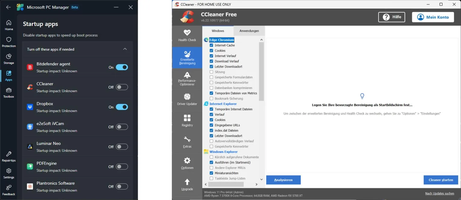 Manager PC Microsoft vs. CCleaner