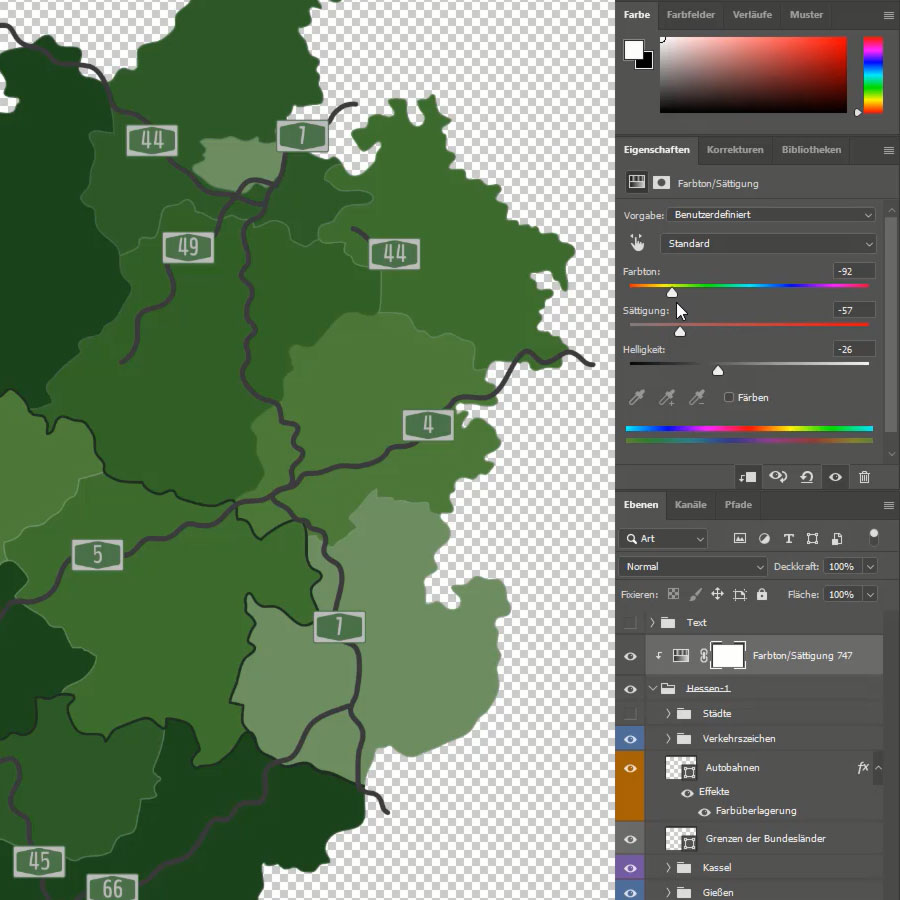 So geht es schnell: Verwende Farbüberlagerungen, um die Farben der Landkarten anzupassen. Farbe einer Landkarte in Photoshop mit Farbüberlagerung anpassen