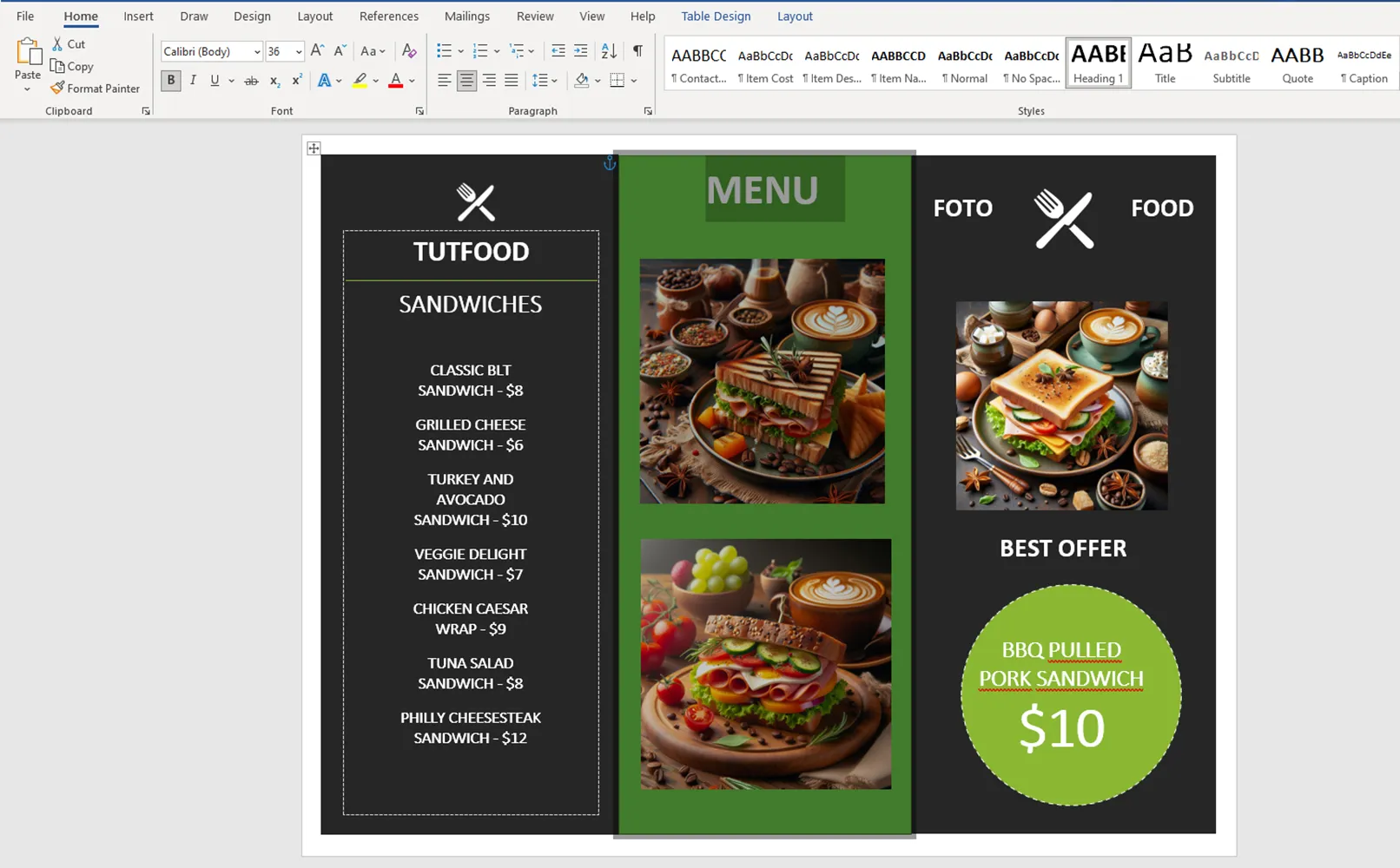 13 parole modello di menu
