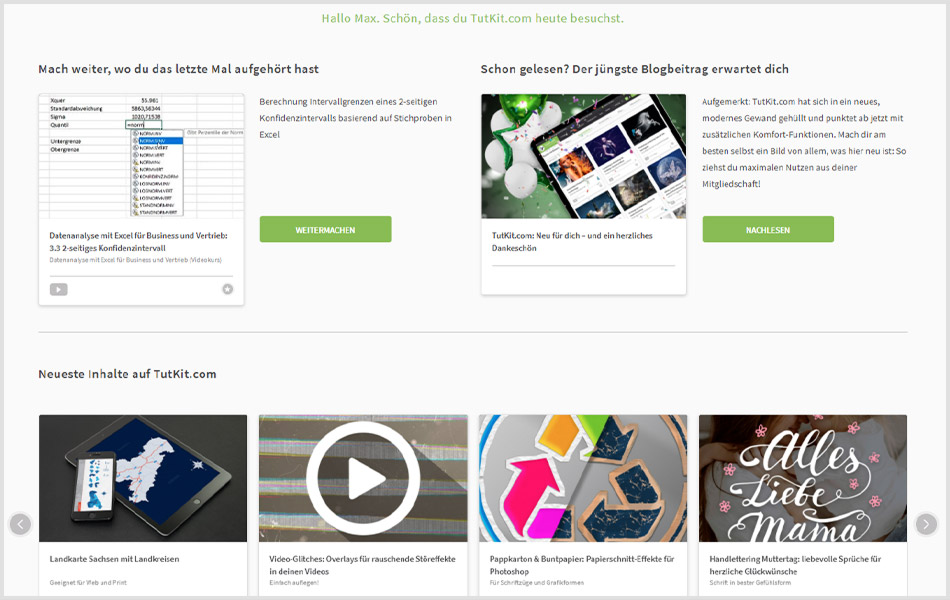 Dein persönliches Dashboard fasst übersichtlich zusammen, was neu ist und was dich interessiert. Dashboard von TutKit.com