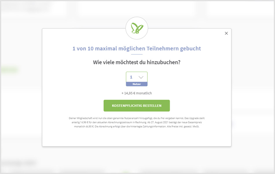 Über den Bereich Mitgliedschaft & Zahlung verwaltest du deine weiteren Teilnehmer. Weitere Teilnehmer zur Mitgliedschaft auf TutKit.com hinzubuchen