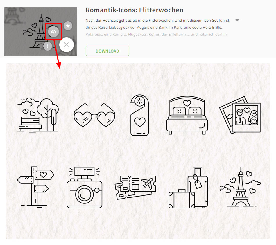 Tipp: Klicke in den Vorschaubildern von Einzelinhalten auf das Auge-Icon, um eine große Vorschau zu sehen. Tipp: Klicke in den Vorschaubildern von Einzelinhalten auf das Auge-Icon, um eine große Vorschau zu sehen.