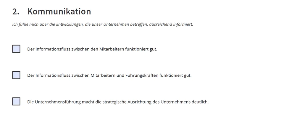 Verwendung von Checkboxen zur Beantwortung von Fragen in einer Mitarbeiterbefragung