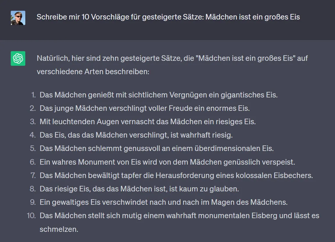 ChatGPT gibt mir 10 Vorschläge für gesteigerte Sätze in einem Midjourney-Prompt