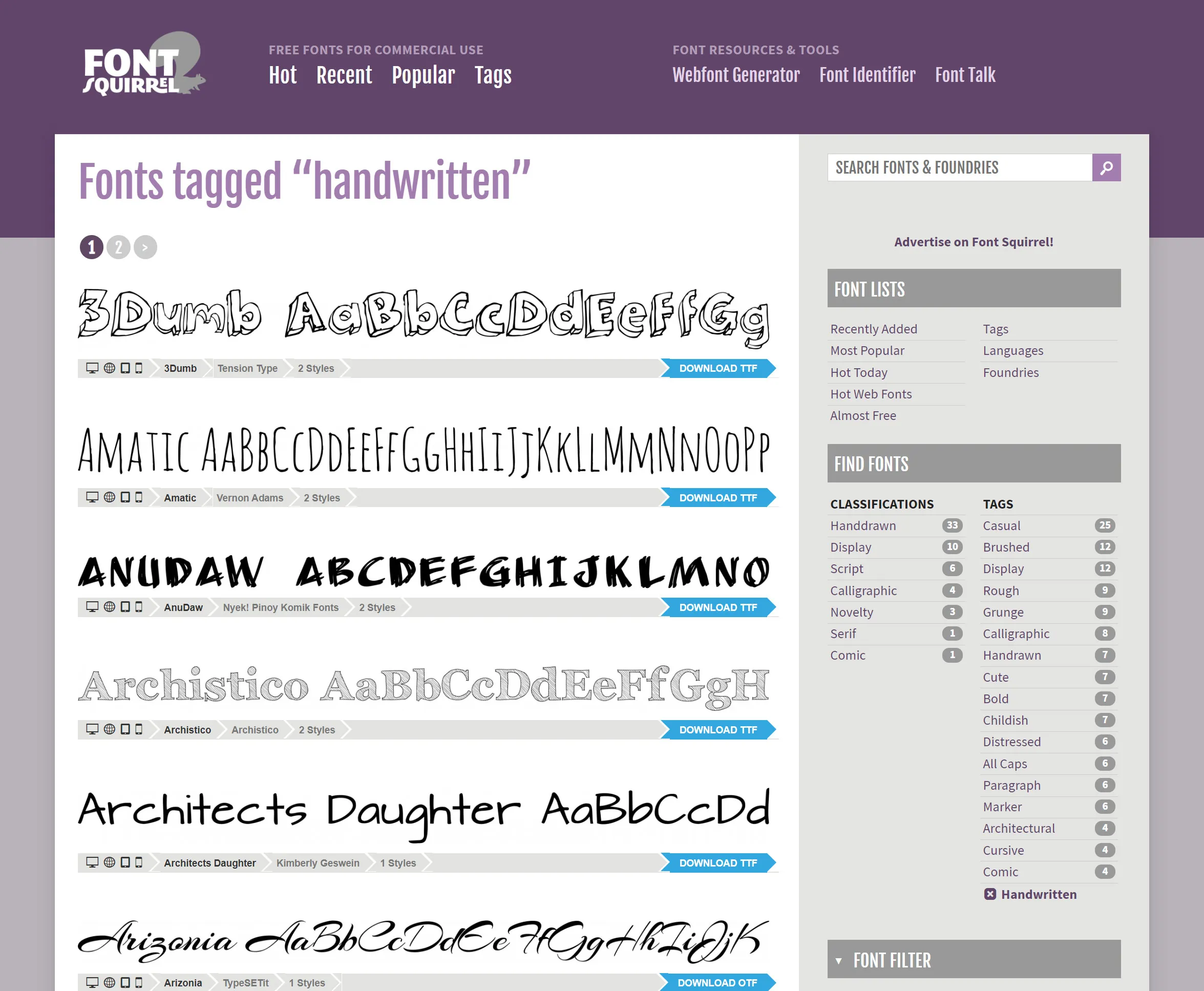 Webseite Fotnsquirrel für gratis Schriftarten im Handschriftstil