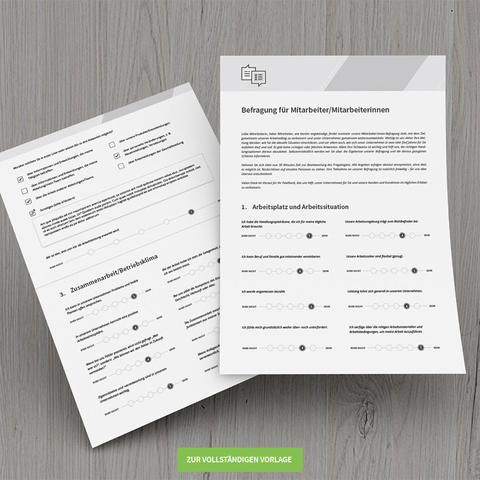 Die Vorlage auf TutKit.com kannst du in Word, InDesign und Google Forms frei anpassen. Klick dich direkt zum Download. Vorlage für eine Mitarbeiterbefragung