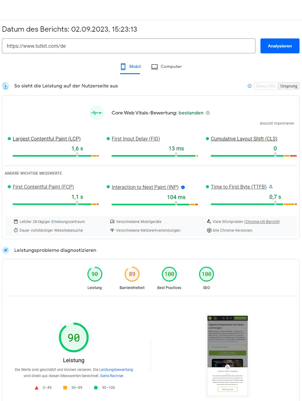 PageSpeed-Insights für TutKit - mobil