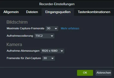 Einstellungen Frames in Camtasia