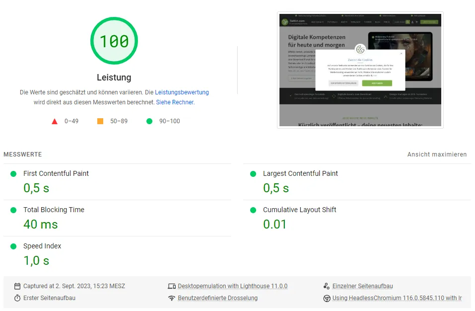 PageSpeed-Insights-Ergebnis für TutKit - Desktop