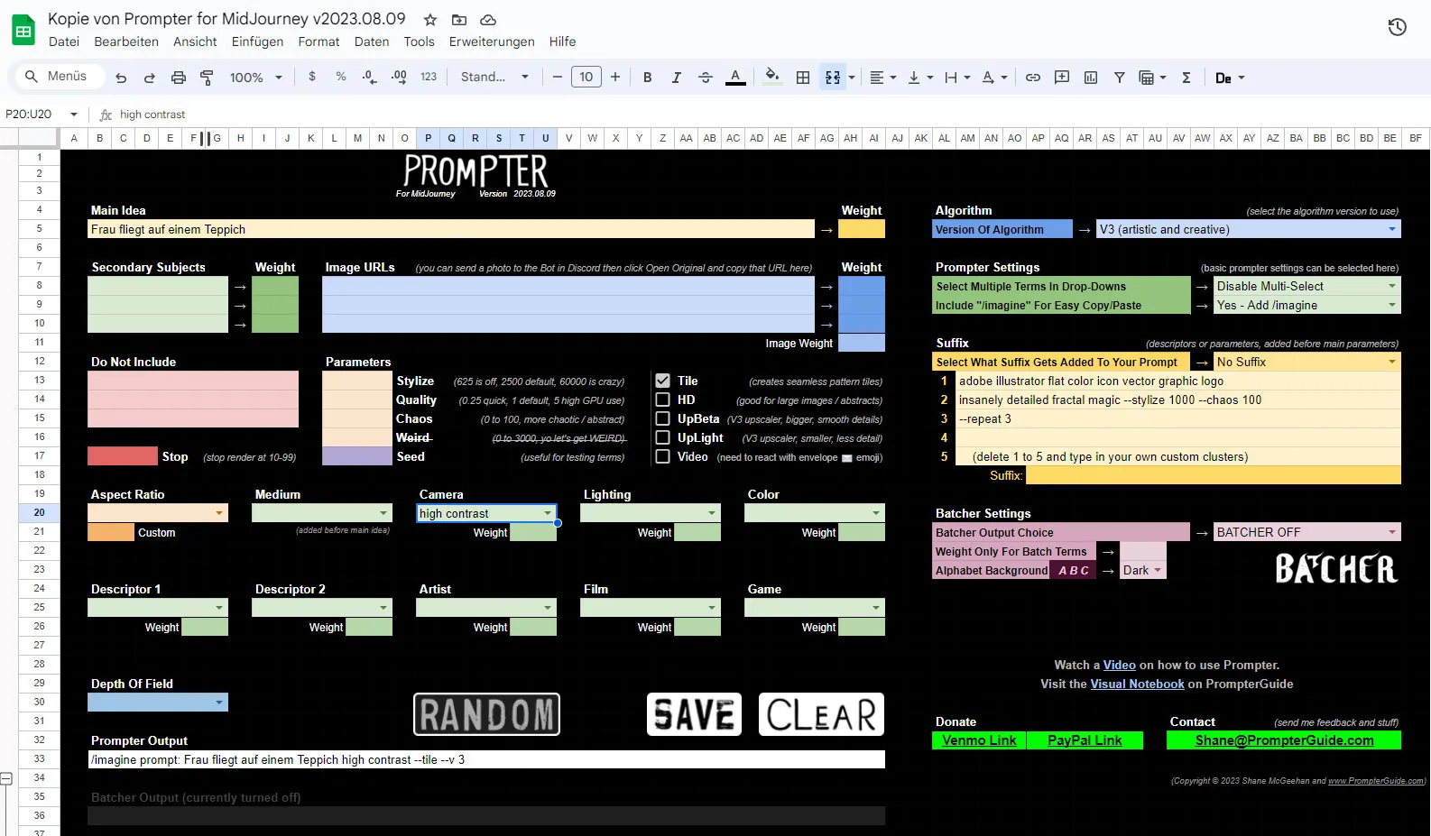 prompter google spreadsheets für Midjourney Befehle