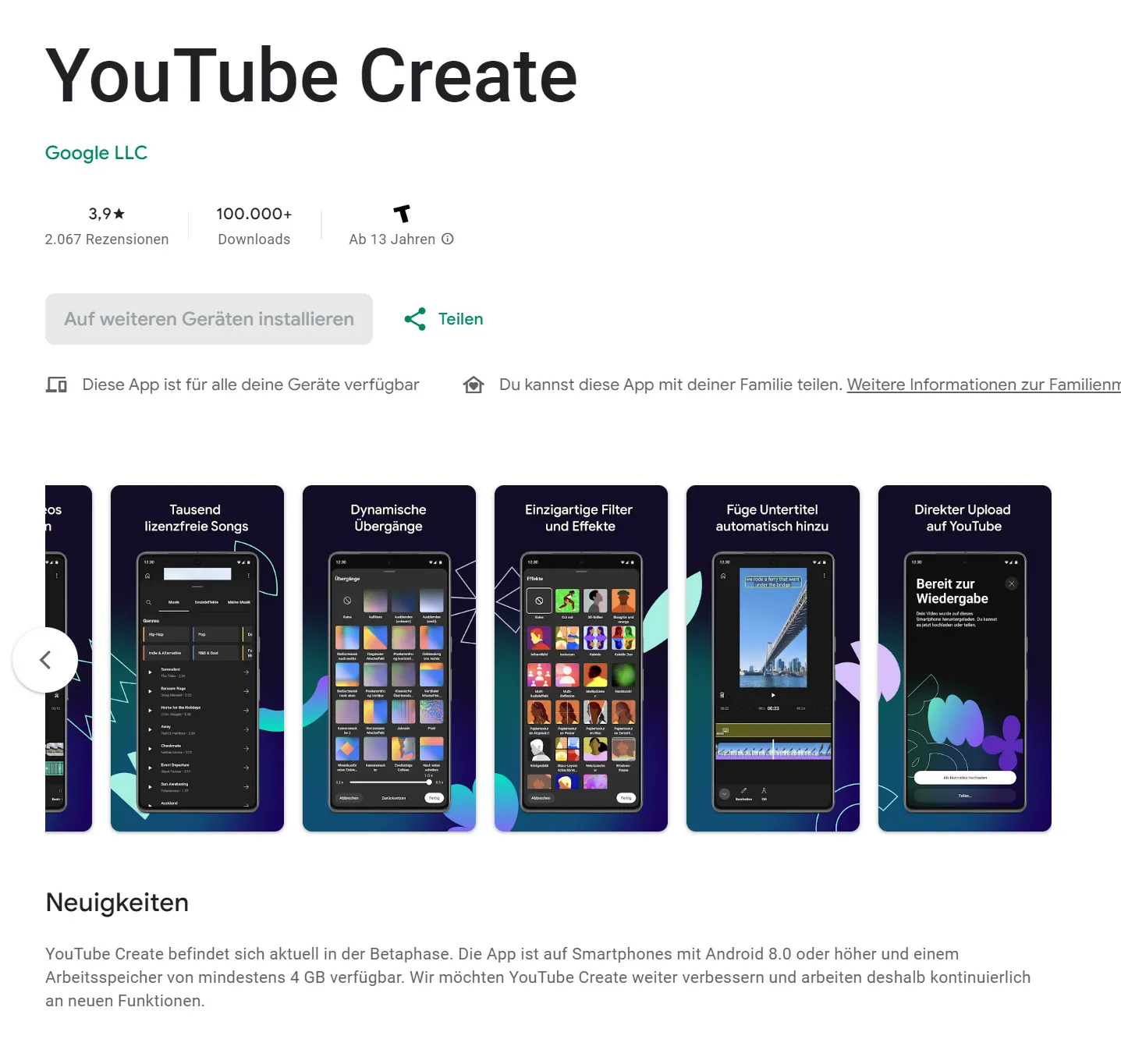 YouTube-Create-App kostenlos Videos auf YouTube hochladen und schneiden