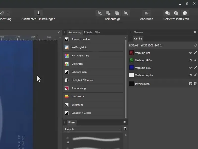 Affinity Photo õpetus: Liidese osad hõlmavad kohandamist, pintslit, kihte ja kanaleid.