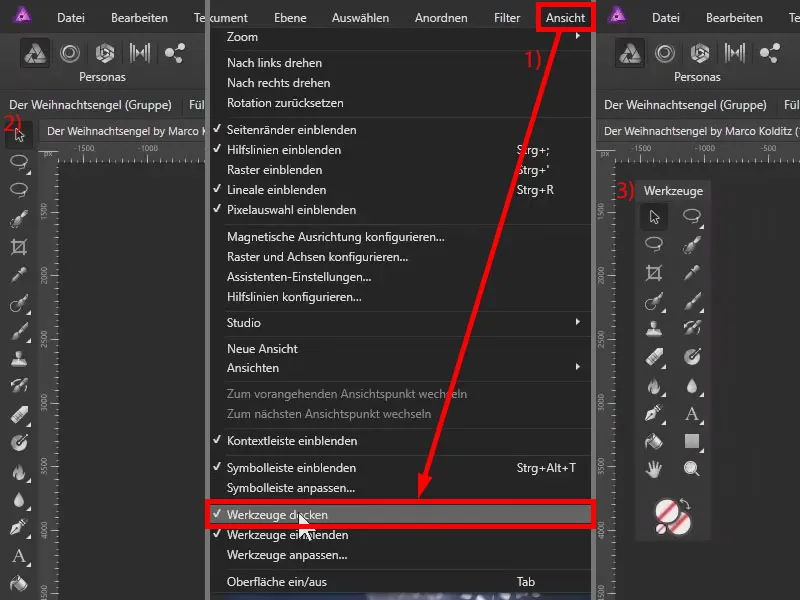 Affinity Photo õpetus: Funktsioon tööriistad dokkida tööriistariba kinnitamiseks.