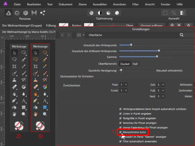 Bunt oder monochrom? – Entscheide selbst, wie die Icons dargestellt werden. Farbige und monochrome Icons in Affinity Photo