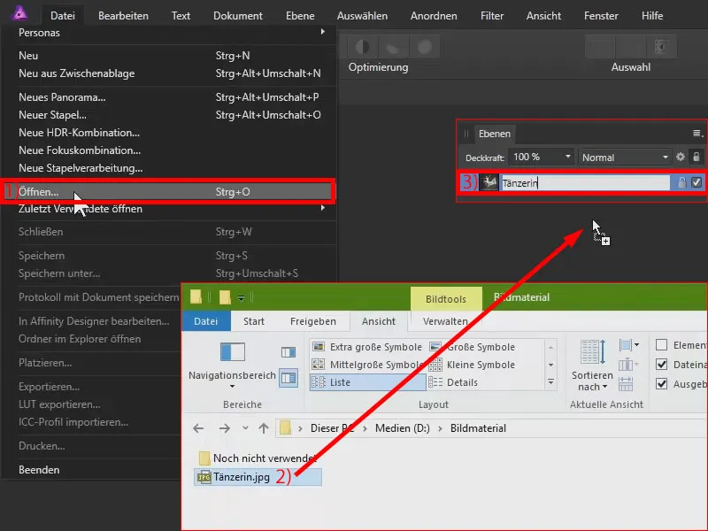 Affinity Photo-Tutorial: Bilder kannst du direkt ins Programm ziehen oder über das Menü Datei öffnen.