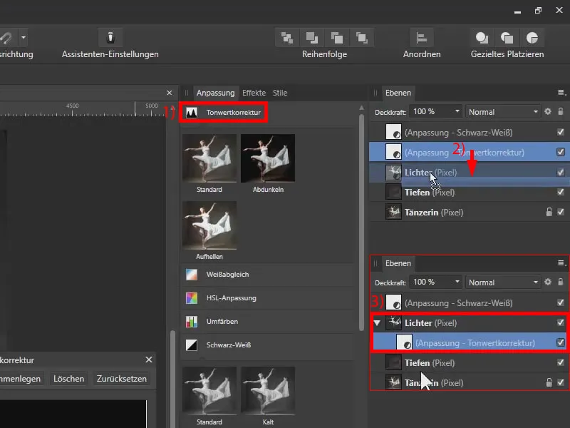 Tutorial di Affinity Photo: con una correzione dei toni, le luci vengono ulteriormente elaborate.