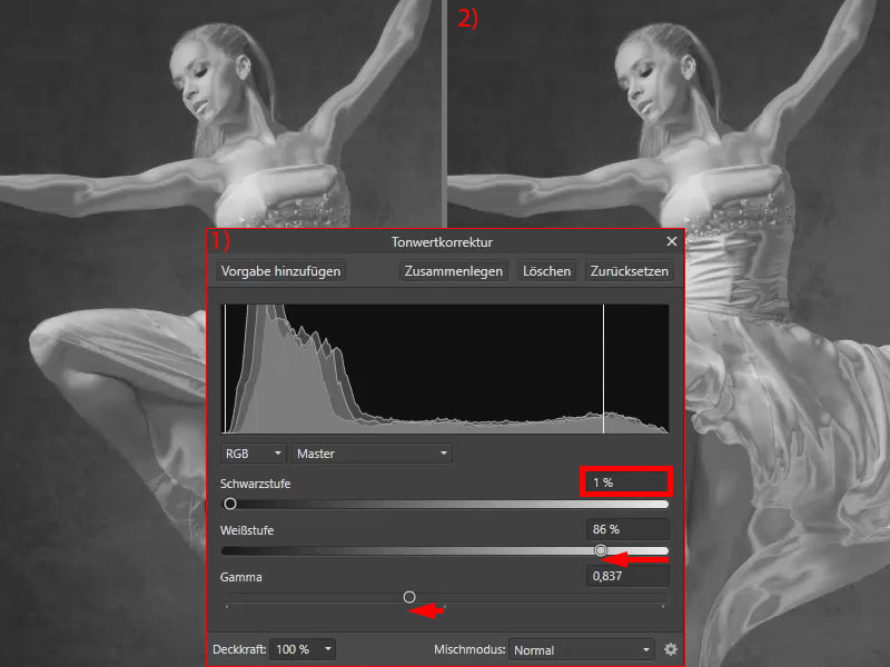 Einstellungen der Tonwertkorrektur für die Tiefen-Ebene Tonwertkorrektur der Schatten in Affinity Photo
