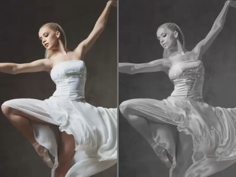 Tänzerin vor und nach Umwandeln des Bildes in Schwarz-Weiß