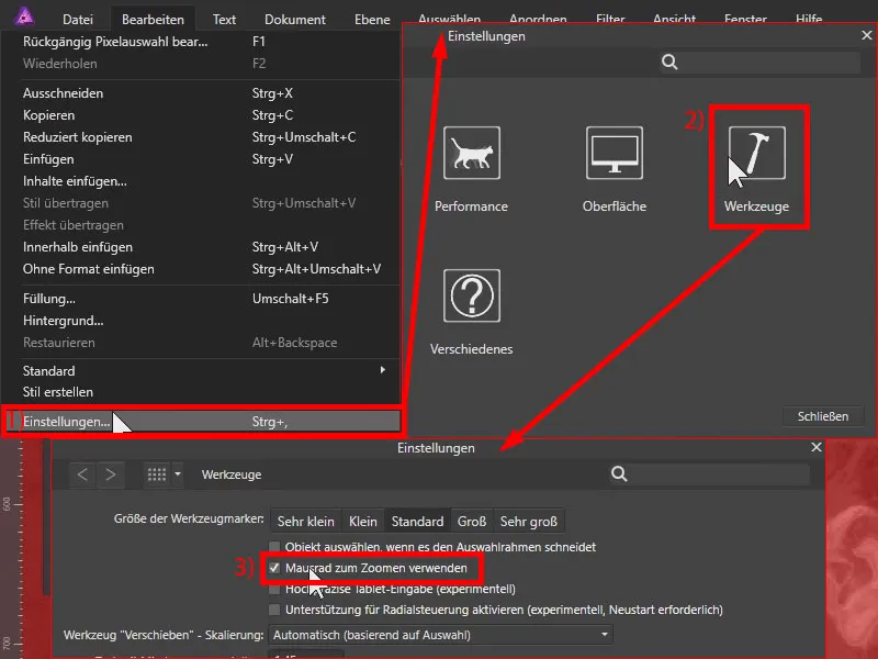 Tutorial Affinity Photo: Activare zoom cu rotița mouse-ului.