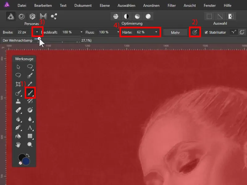 Tutorial Affinity Photo: Setări pentru pensula de pictură pentru decuparea subiectelor.