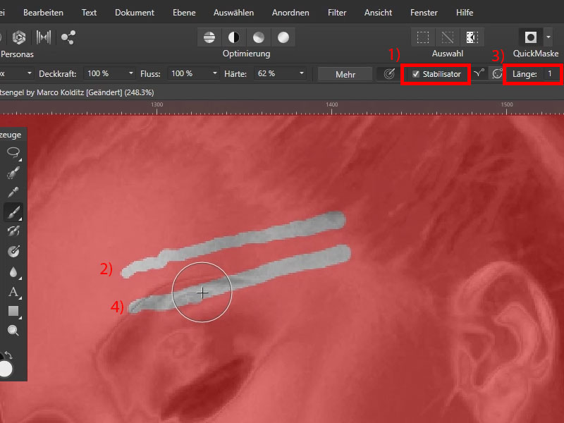Aktiviere den Stabilisator, damit die Auswahl nicht zittrig wirkt. Stabilisator in Affinity Photo aktivieren