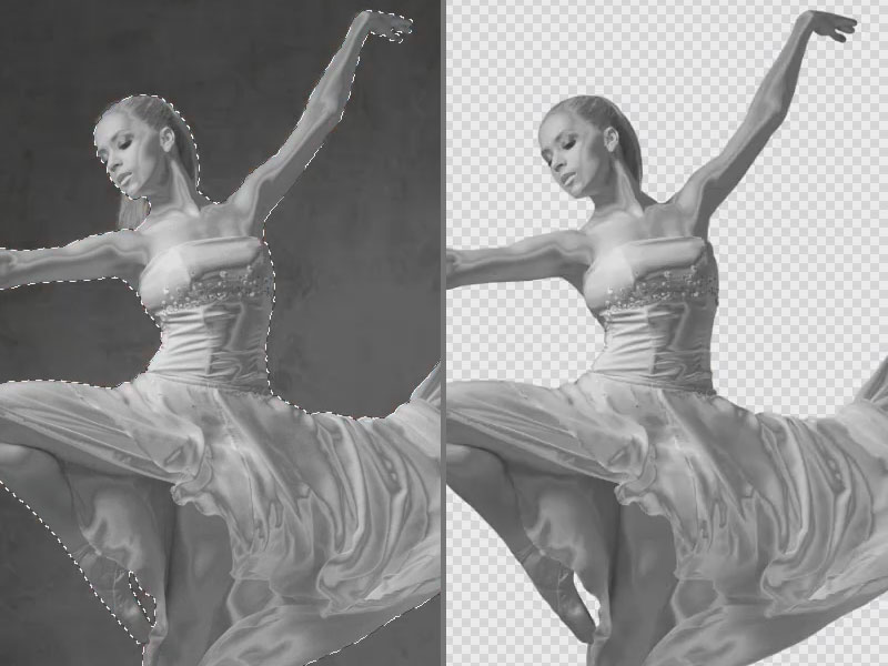 Am Ende dieses Tutorials steht die Tänzerin freigestellt vor transparentem Hintergrund. Tänzerin vor und nach dem Freistellen in Affinity Photo