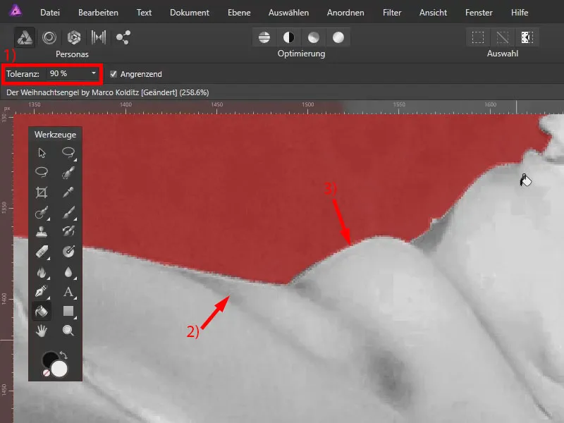 Affinity Photo: Setează o toleranță mare pentru a evita suprafețele cu pixeliți.