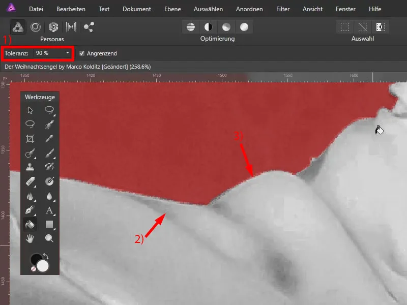 Affinity Photo: Hohe Toleranz einstellen, um pixelige Fehlstellen zu vermeiden