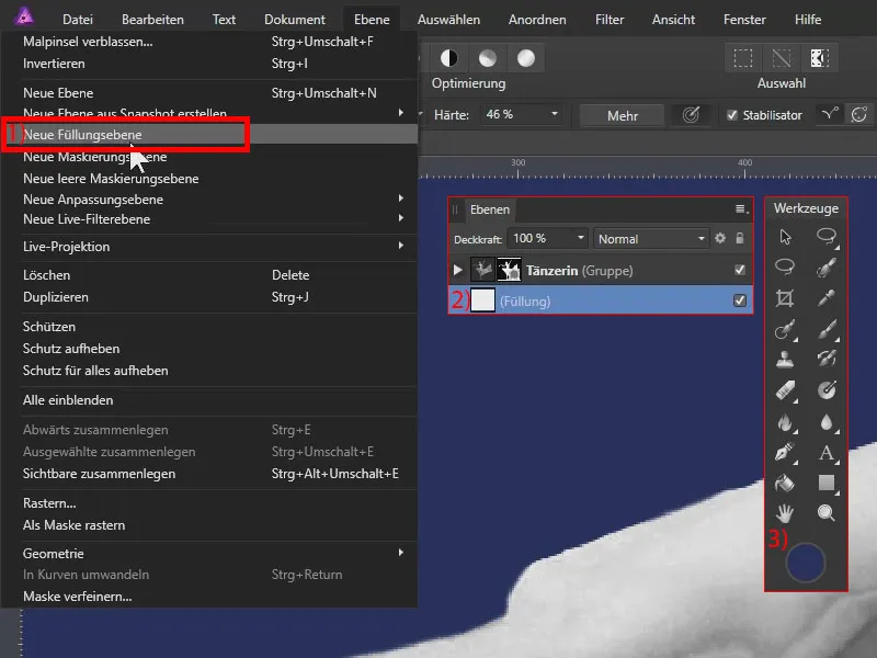 Affinity Photo: Adăugați un strat de umplere cu o culoare în fundal.