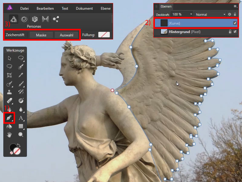 Im Zeichenstift stehen dir die Optionen Maske und Auwahl zur Verfügung. Funktionen Maske und Auswahl im Zeichenstift von Affinity Photo