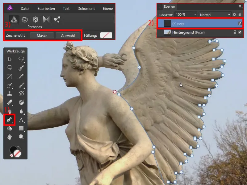 Affinity Photo: Seçme - İğne ucu kalem araç çubuğunda Maske ve Seçenekler seçenekleri bulunmaktadır.