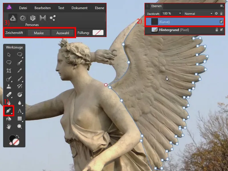 Affinity Photo: Freistellen – im Zeichenstift stehen die Optionen Maske und Auwahl zur Verfügung