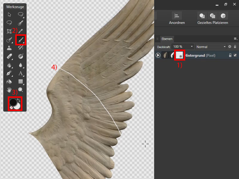 Auf der Pixelmaske kannst du deine Freistellung gegebenenfalls weiter anpassen. Freigestelltes Motiv in Affinity Photo weiter anpassen