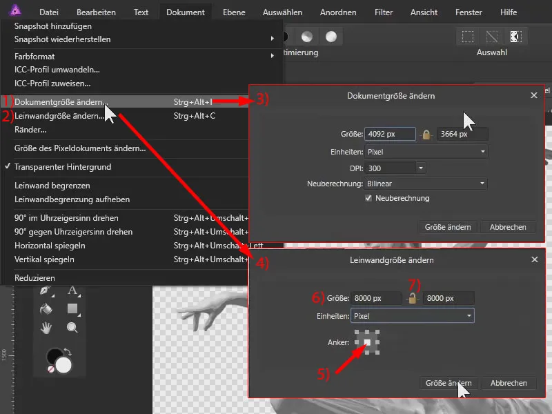 Affinity Photo: Funktionen Dokumentgröße ändern und Leinwandgröße ändern