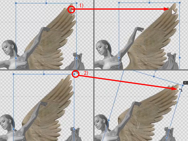 Klicke und ziehe das Motiv, um es zu bewegen. Die Rotation erfolgt über das Ziehen nahe eines Anfassers an der Ecke des Motivs. Motive rotieren in Affinity Photo