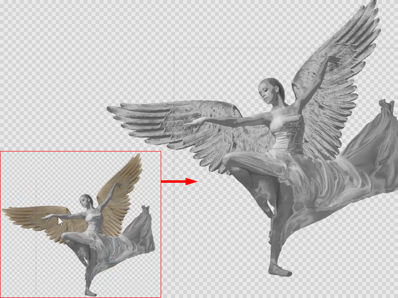 Wie aus einem Guss: In diesem Tutorial-Teil erhalten die Flügel einen metallischen Glanz. Tänzerin mit Engelsflügeln im glänzenden Metall-Look