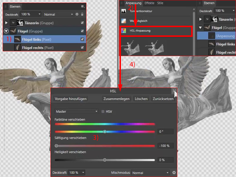 Setze die Sättigung in der HSL-Anpassung auf -100 %, um die Flügel schwarz-weiß darzustellen. HSL-Anpassung in Affinity Photo