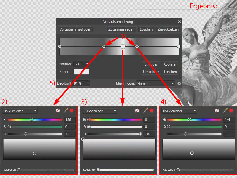 Erstelle weitere Punkte, denen du die entsprechenden Grauwerte zuordnest. Verlaufsumsetzung und HSL-Schieber in Affinity Photo
