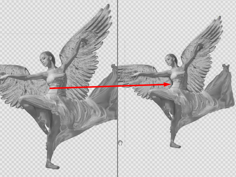 Sieht schon gut aus? Wird aber noch besser. Jetzt zeichnen wir realistisch wirkende Schatten ein. Tänzerin mit Engelsflügeln vor und nach dem Zeichnen von Schatten in Affinity Photo