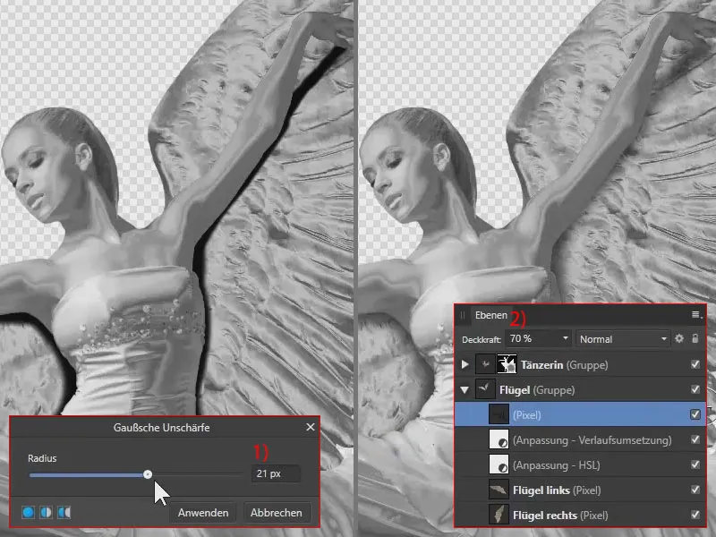 Affinity Photo: Blurr-ul Gaussian creează o estompare, o opacitate redusă pentru o apariție mai delicată a umbrei.