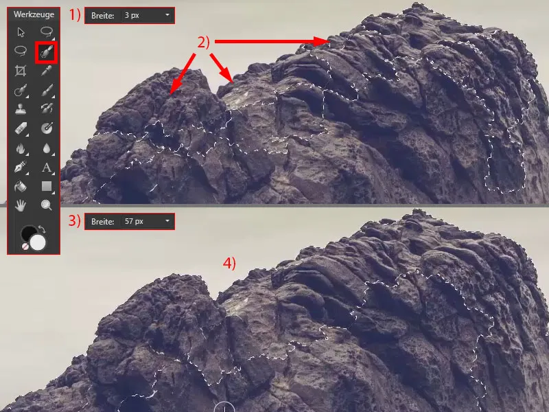 Affinity Photo-Tutorial: Die Breite des Auswahlpinsels entscheidet über die getroffene Auswahl