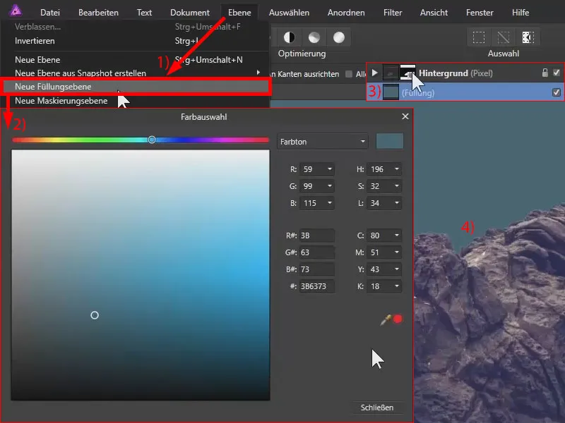 Affinity Photo-Tutorial: Hinter die maskierte Auswahl eine Farbebene legen