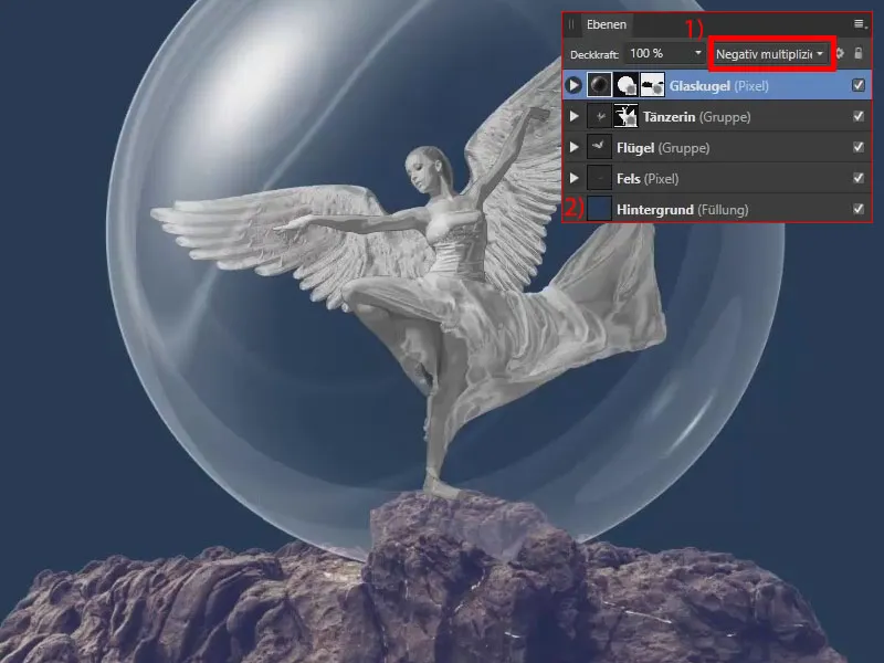 Учебное пособие по Affinity Photo: Промежуточный результат с Рождественским ангелом на скале, в стеклянном шаре.