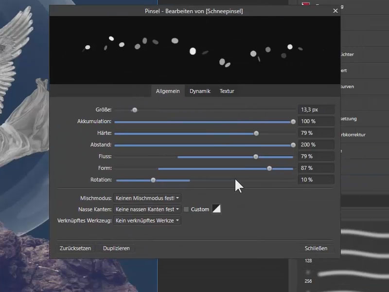 Einstellungen für den Schnee-Pinsel im Reiter Allgemein Einstellungen für den Schnee-Pinsel im Reiter Allgemein der Pinseleinstellungen von Affinity Photo