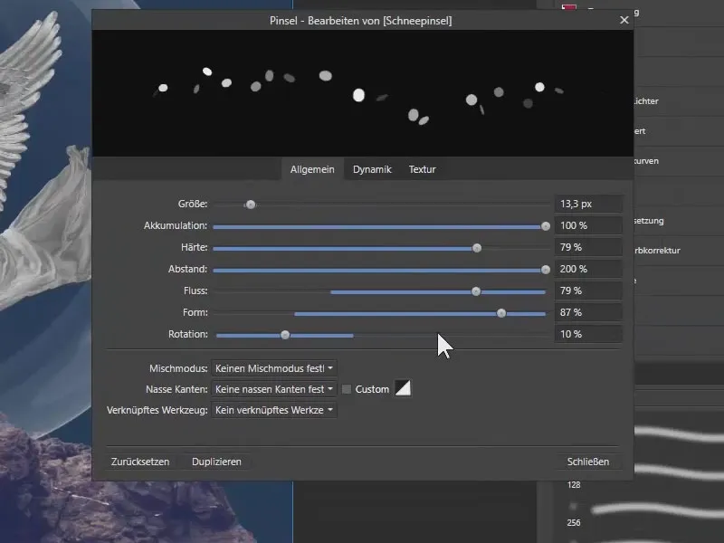 Affinity Photo õpetus: Suvandite seaded lumepintsli jaoks üldvalikus.