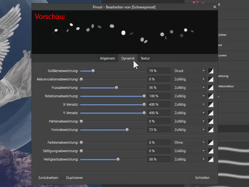 Einstellungen für den Schnee-Pinsel im Reiter Dynamik Einstellungen für den Schnee-Pinsel im Reiter Dynamik der Pinseleinstellungen von Affinity Photo