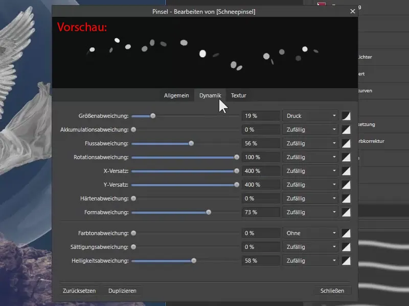 Affinity Photo õpetus: sätted lumeharjale jaotises Dynamika.