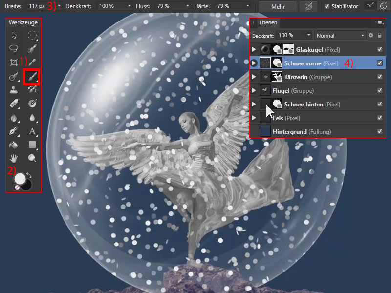 Male in den Vordergrund etwas größere Schneeflocken. Schnee mit einem Pinsel in Affinity Photo malen