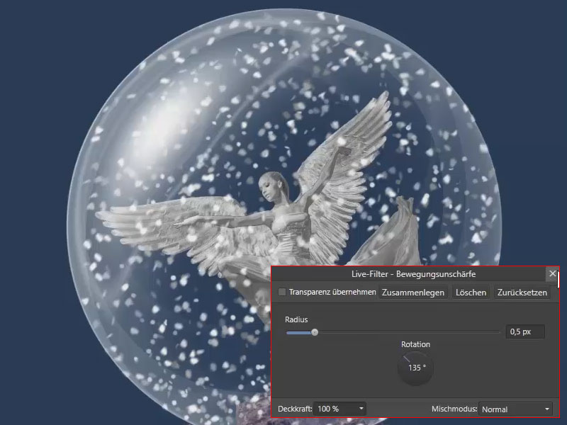 Auch die kleineren Schneeflocken hinten erhalten eine zarte Bewegungsunschärfe. Bewegungsunschärfe in Affinity Photo anwenden für noch mehr Dynamik in den Schneeflocken
