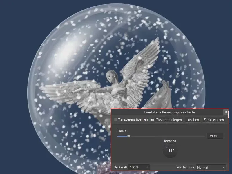 Affinity Photo-Tutorial: Filter Bewegungsunschärfe auf die kleinen Schneeflocken anwenden